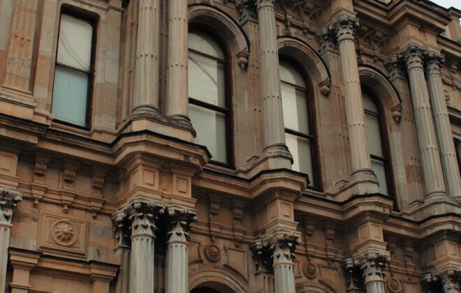 old historic buildings against sky background